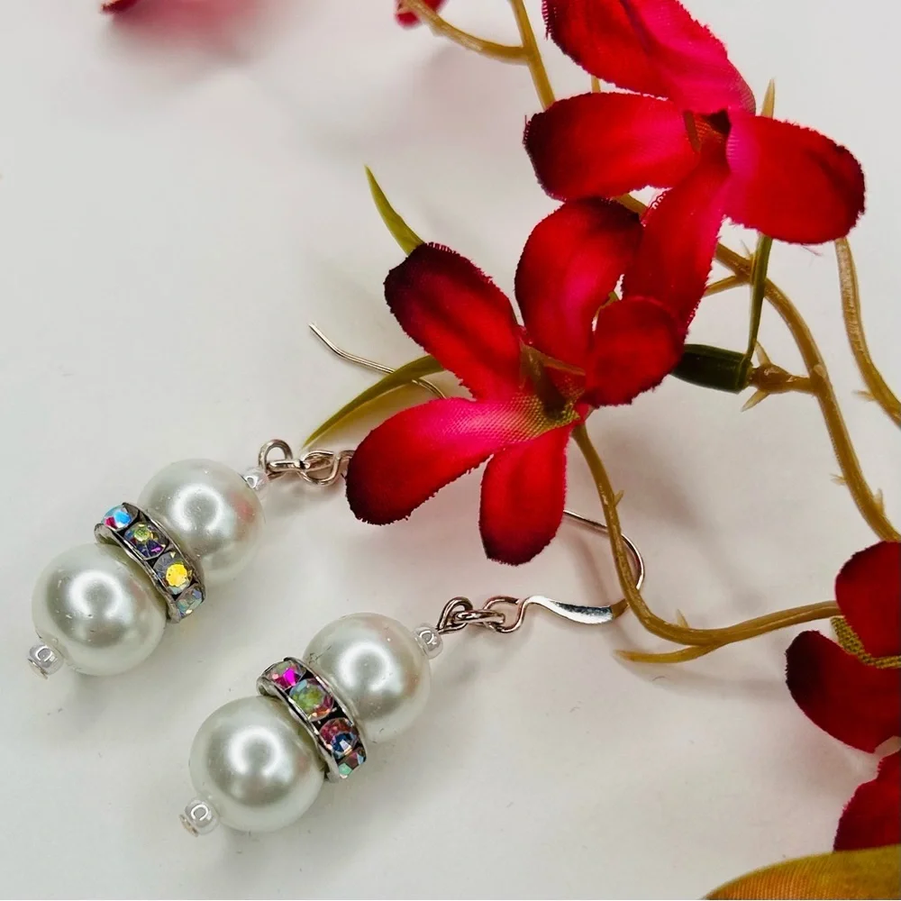 HAND CRAFTED Pearl EARRINGS White Silver Czech Crystal Rondelle Drop NWT - Picture 10 of 10